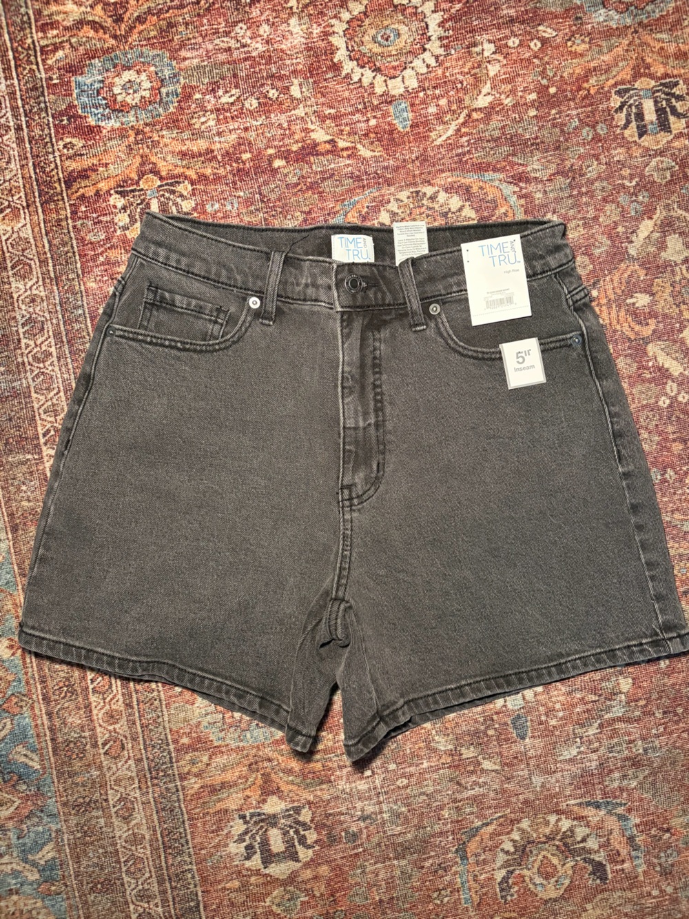 Time and True Black high rise denim shorts